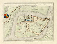 212006 Plattegrond van de burcht Trecht; met weergave wegen, de rivier de (Oude) Rijn en de omliggende bebouwing in opstand.